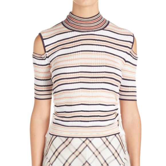 Authentic FENDI Tan Striped Cold Shoulder Mock Neck Sweater Top Size US 8